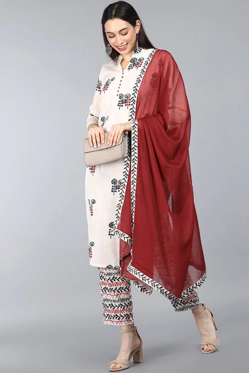 AHIKA Women Off White Floral Printed Kurta with Trousers
