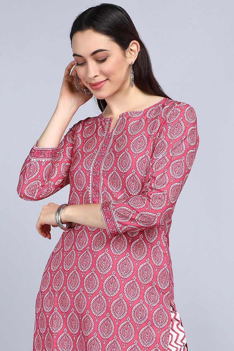 AHIKA Women Pink Floral Printed Layered Kurti with Trousers Set