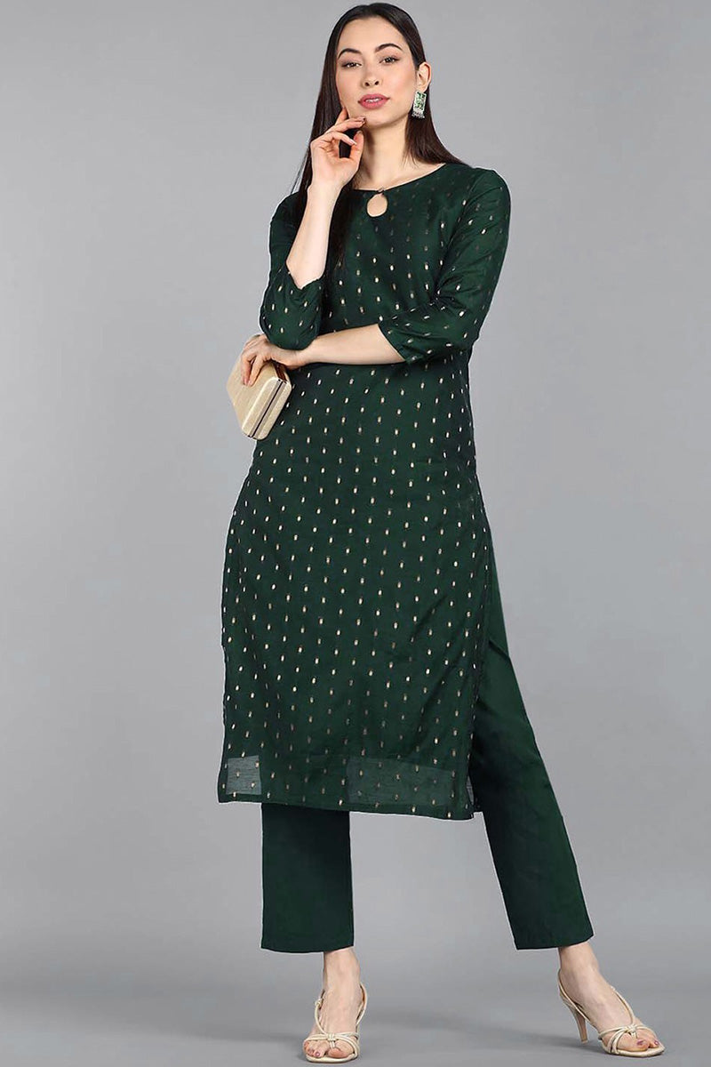 Ahika Women Cotton Green Woven Design Printed Straight Kurta Pant Set