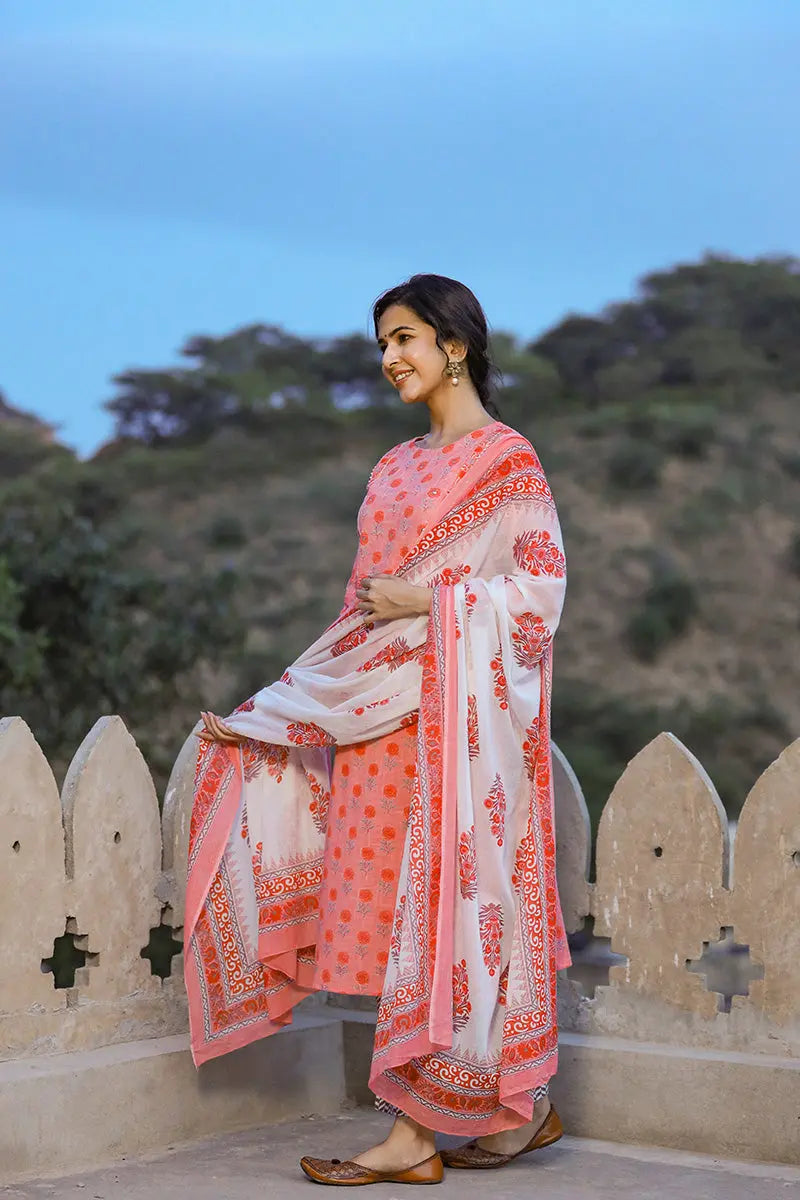 Ahika Women Pink And White Color Cotton Fabric Printed Fancy Kurta