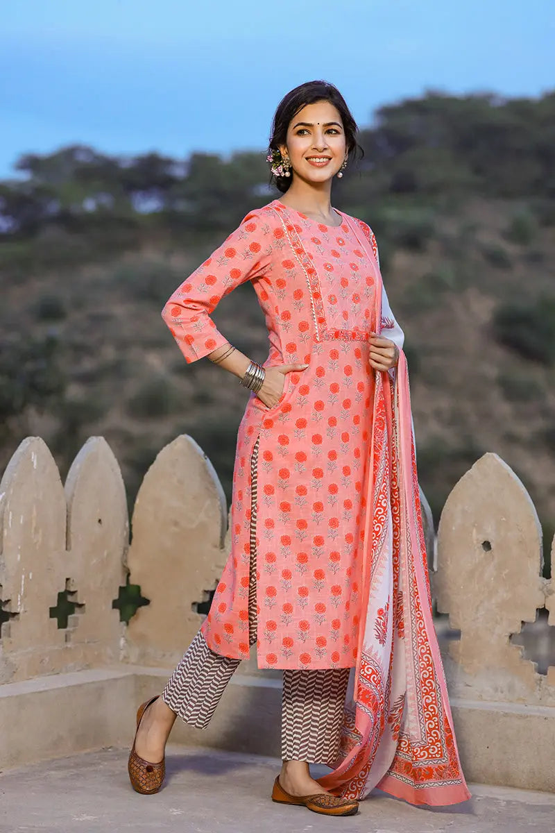 Ahika Women Pink And White Color Cotton Fabric Printed Fancy Kurta