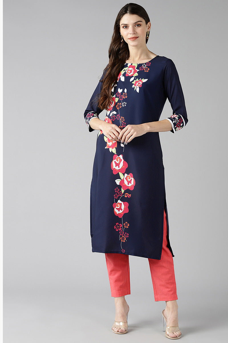 Ahika Women Teal Color Crepe Fabric Trendy Printed A Line Kurta