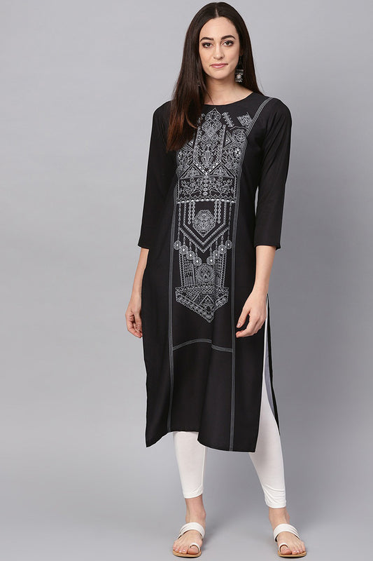 Ahika Women Crepe Fabric Printed Simple Function Wear Black Kurti