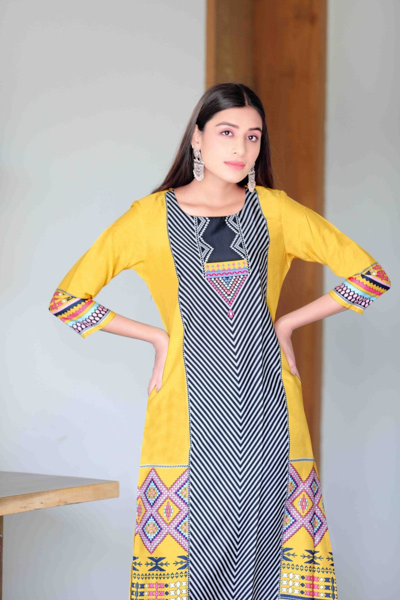 Ahika Women Crepe Fabric Trendy Festive Wear Yellow Color Printed Kurti 
