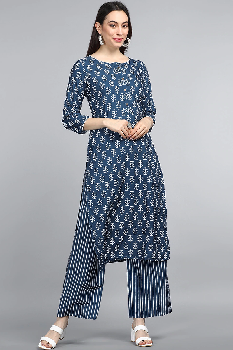 AHIKA Women Navy Blue Printed Kurti with Palazzos Set