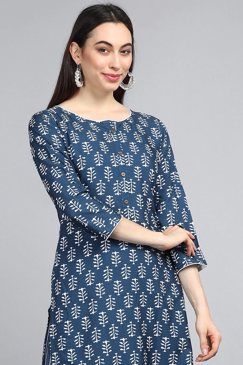 AHIKA Women Navy Blue Printed Kurti with Palazzos Set