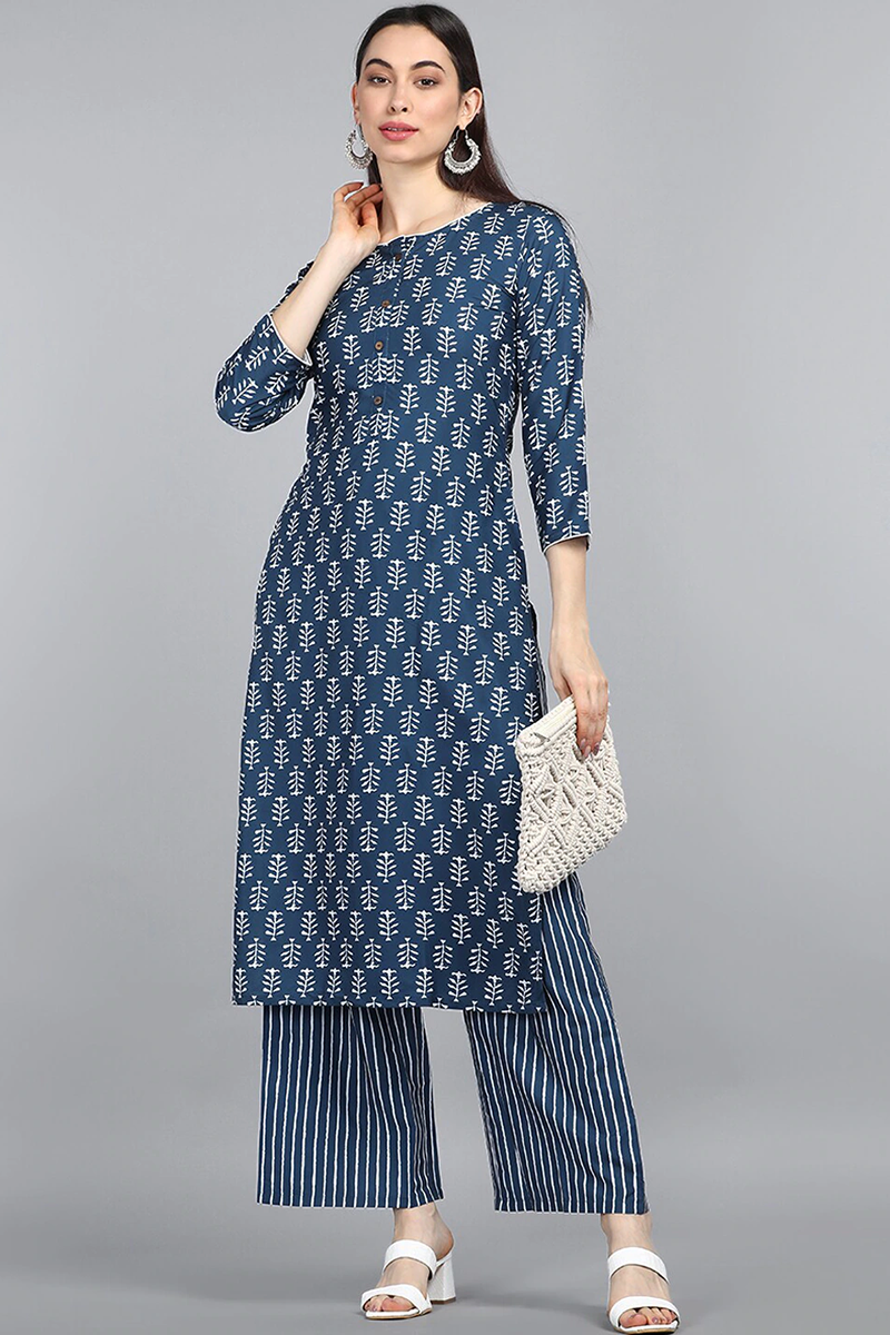 AHIKA Women Navy Blue Printed Kurti with Palazzos Set