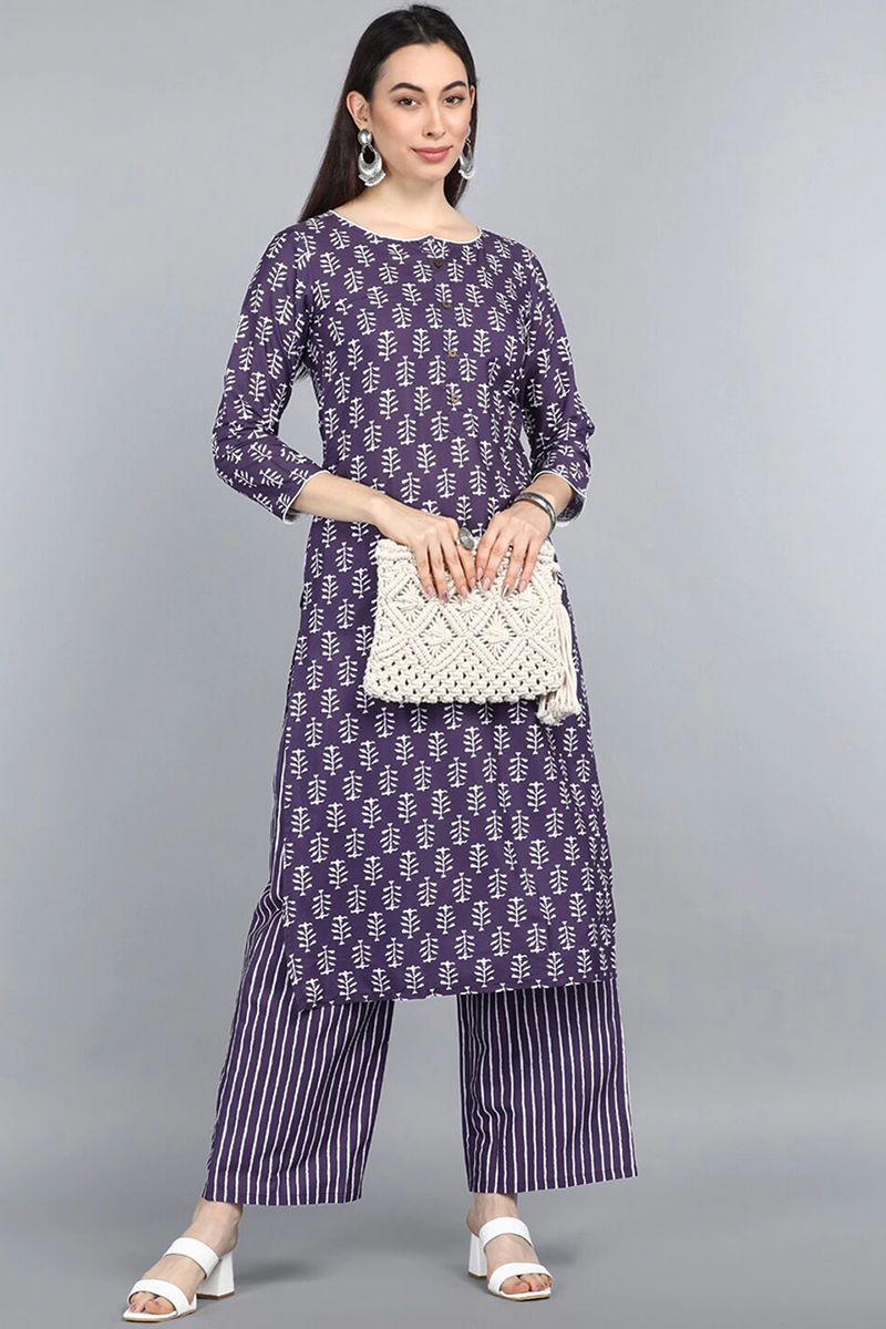 AHIKA Women Purple Floral Printed Regular Kurta With Trousers Set