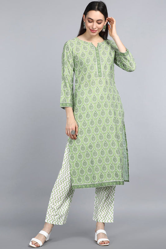 AHIKA Women Green Floral Embroidered Empire Kurti with Trousers With Dupatta Set