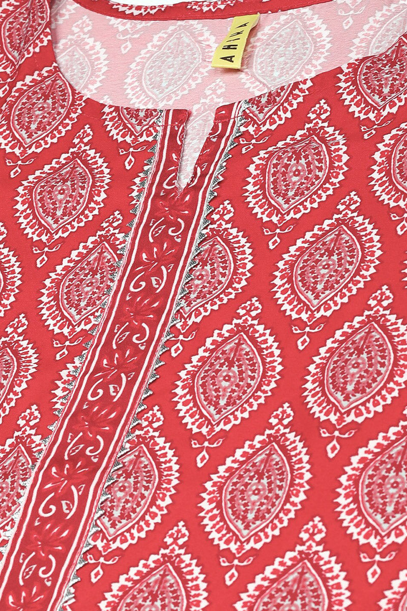 AHIKA Women Red Printed Regular Straight Kurta With Trousers Set