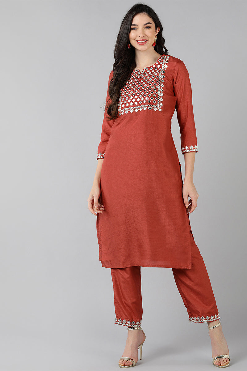 AHIKA Women Coral Embroidered Kurta With Trousers 