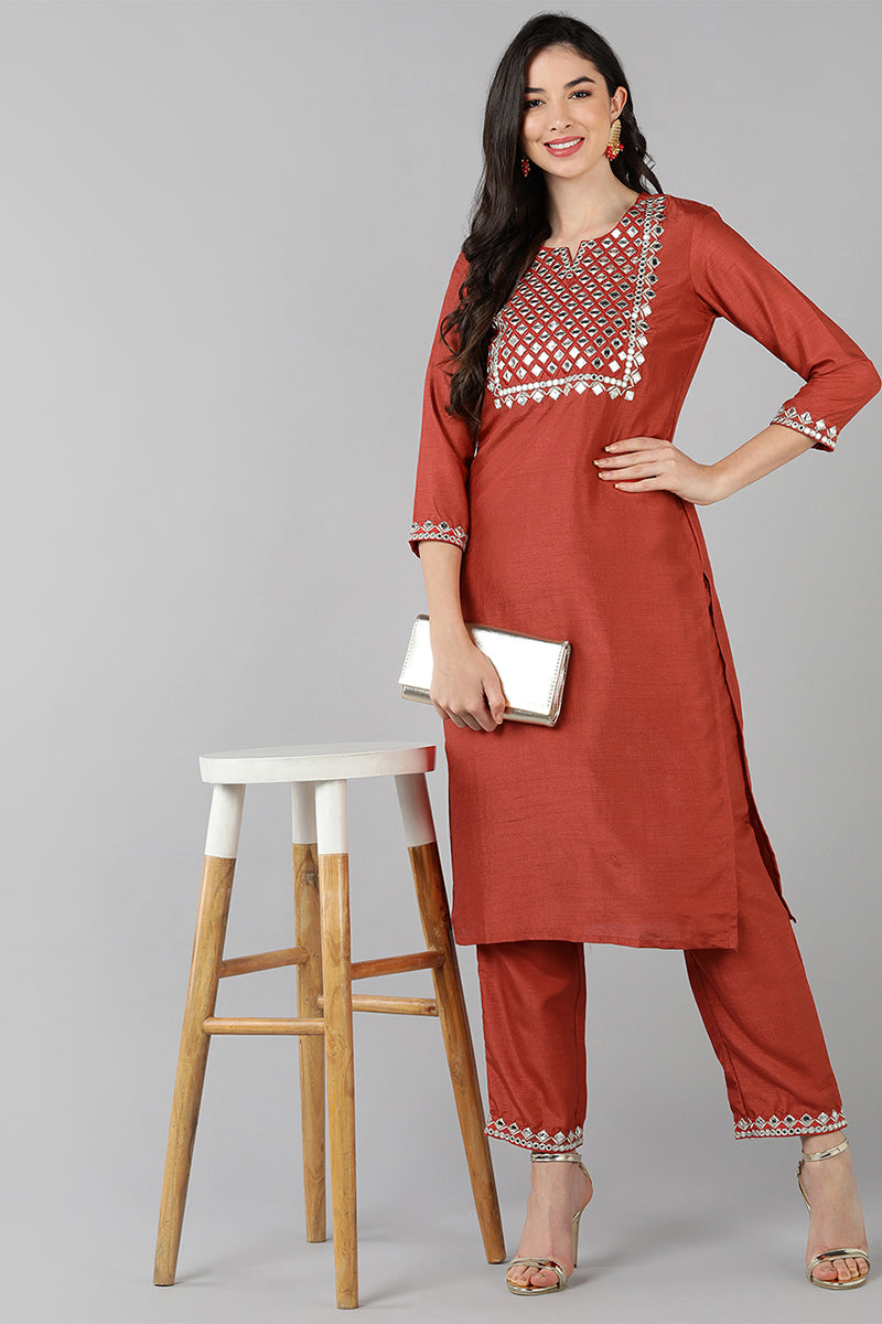 AHIKA Women Coral Embroidered Kurta With Trousers 