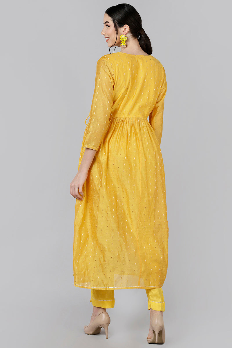 AHIKA Women Mustard Woven Design Kurta With Trousers 