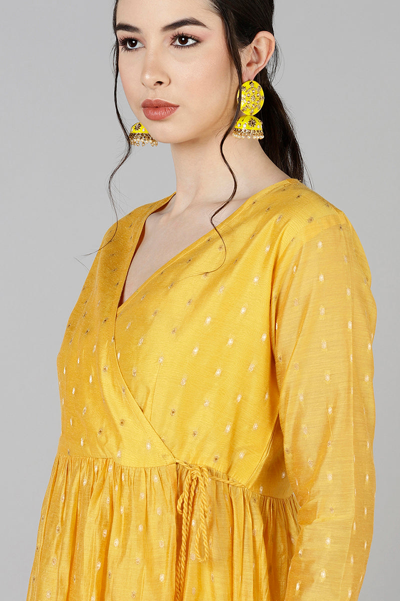 AHIKA Women Mustard Woven Design Kurta With Trousers 