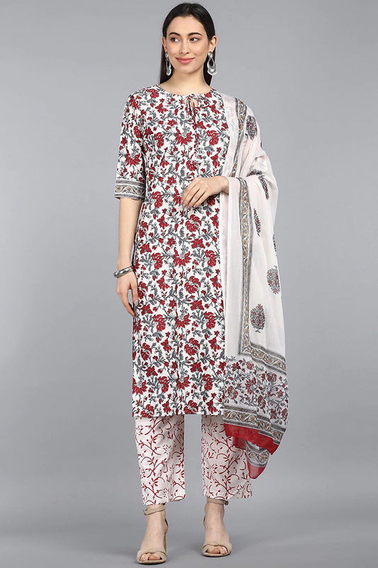 AHIKA Women Off White Red Floral Printed Regular Kurta With Trousers Dupatta Set