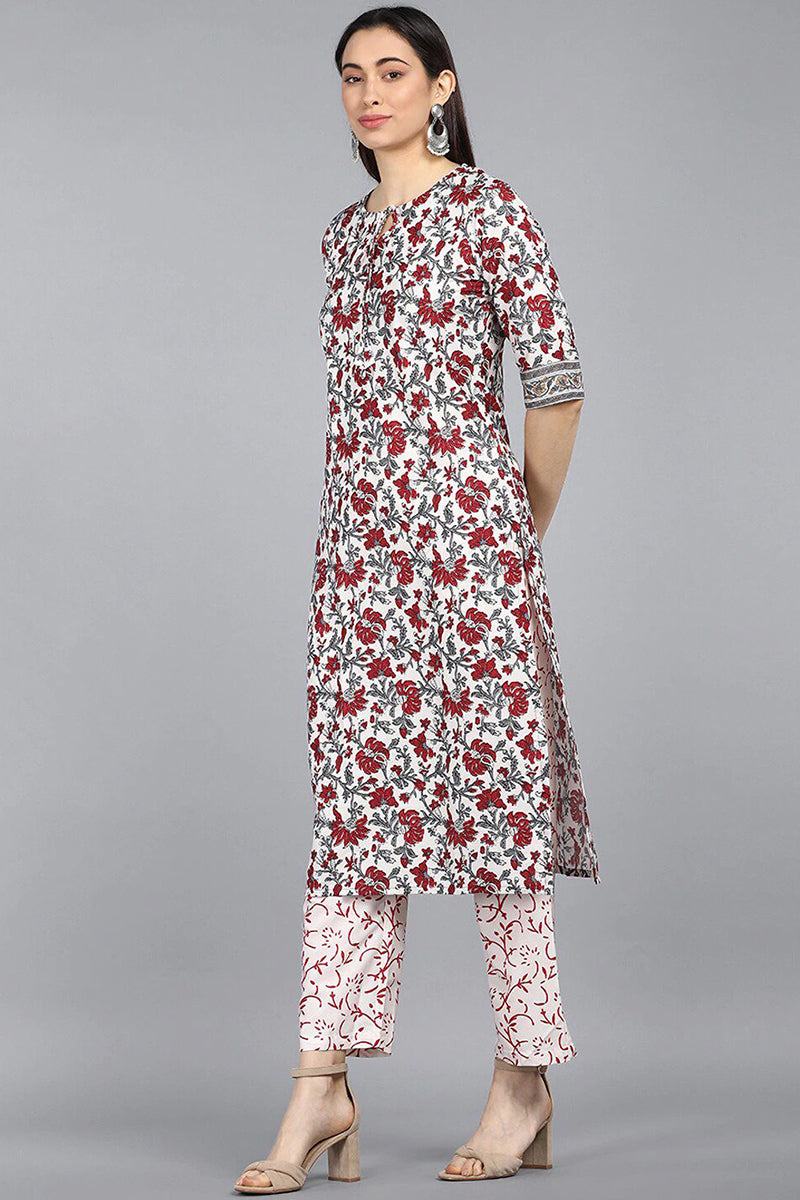 AHIKA Women Off White Red Floral Printed Regular Kurta With Trousers Dupatta Set