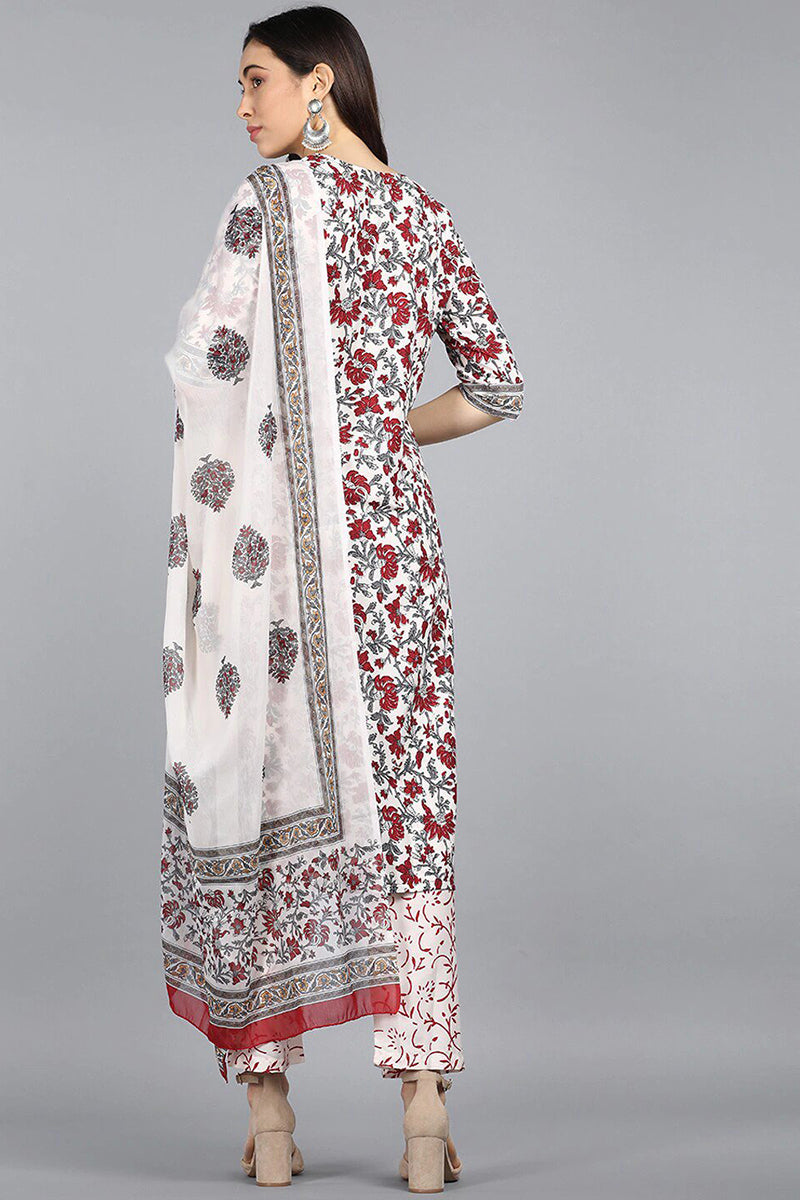 AHIKA Women Off White Red Floral Printed Regular Kurta With Trousers Dupatta Set