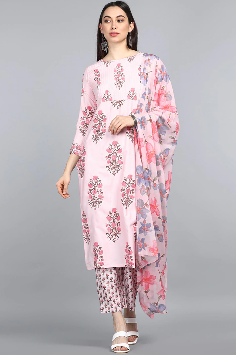 AHIKA Women Pink Floral Printed Panelled Kurta with Palazzos Dupatta Set