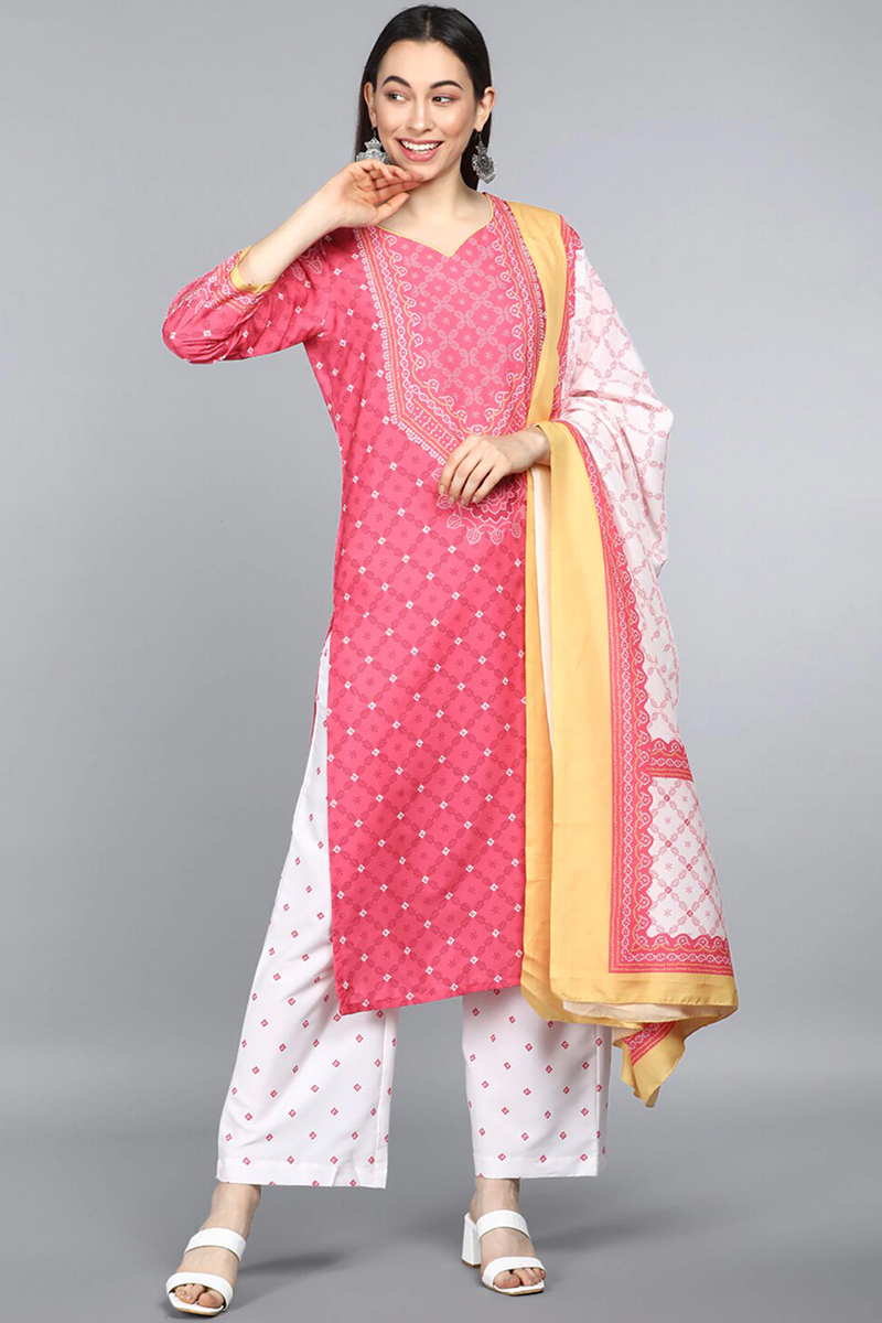 Ahika Women Crepe Pink Ethnic Motifs Printed Straight Kurta Trousers And Dupatta Set 