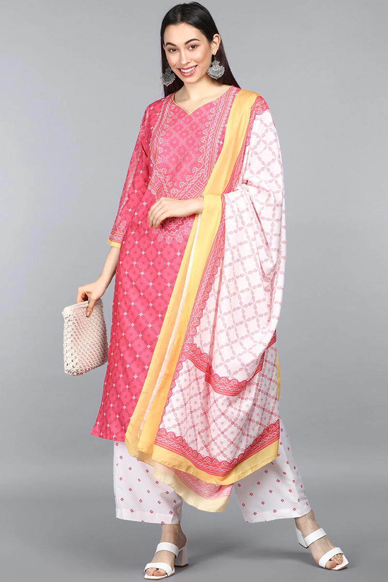 Ahika Women Crepe Pink Ethnic Motifs Printed Straight Kurta Trousers And Dupatta Set 