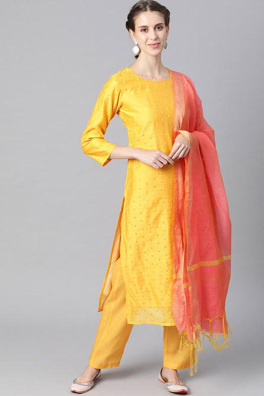 AHIKA Women Yellow Golden Woven Design Kurta with Trousers Dupatta
