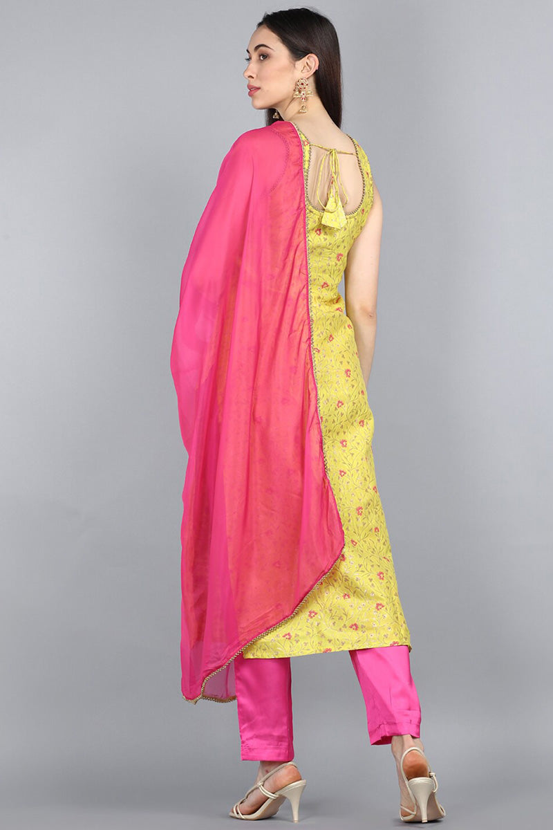 AHIKA Women Yellow  Pink Floral Kurta with Salwar  Dupatta