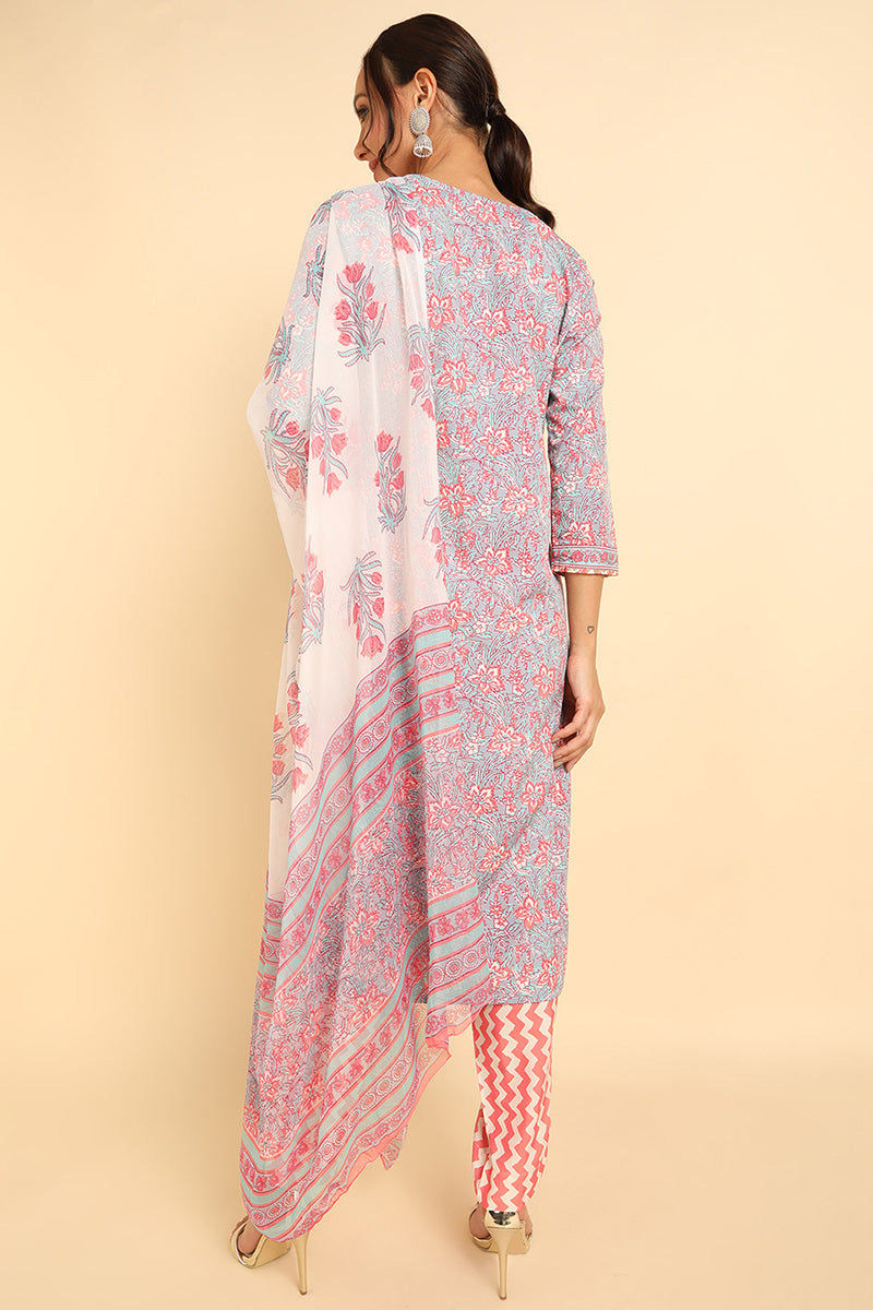 Grey Poly Chiffon Straight Kurta Pant With Dupatta PKSKD1065B