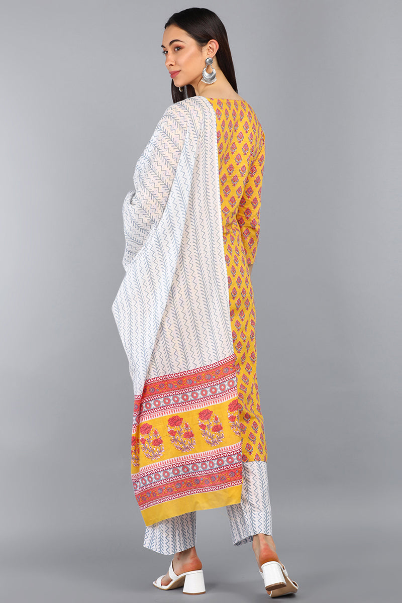 AHIKA Women Mustard Printed Kurti Trousers With Dupatta 