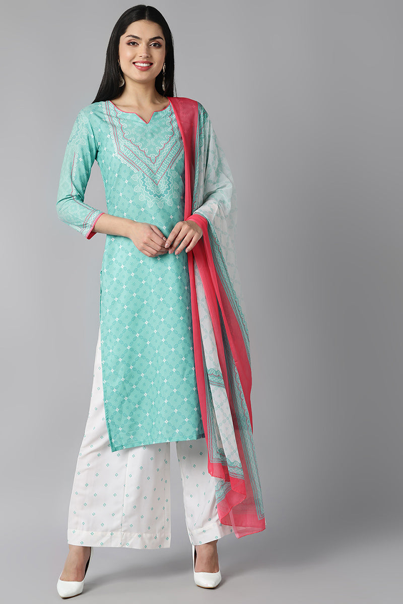 AHIKA Women Sea Green Ethnic Motifs Printed Regular Kurta with Palazzos With Dupatta Set