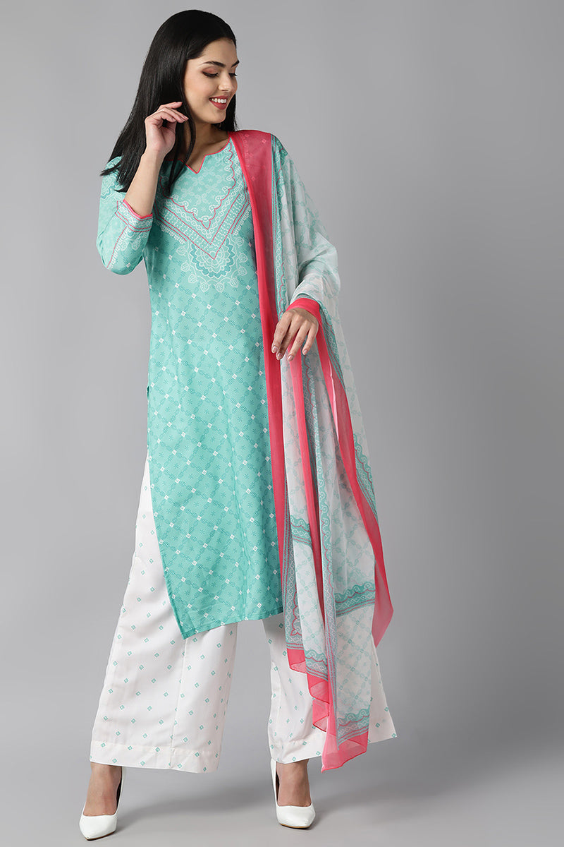 AHIKA Women Sea Green Ethnic Motifs Printed Regular Kurta with Palazzos With Dupatta Set