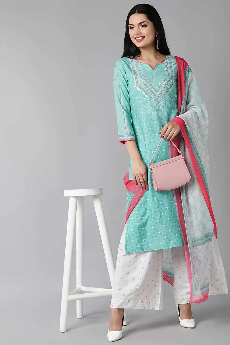 AHIKA Women Sea Green Ethnic Motifs Printed Regular Kurta with Palazzos With Dupatta Set