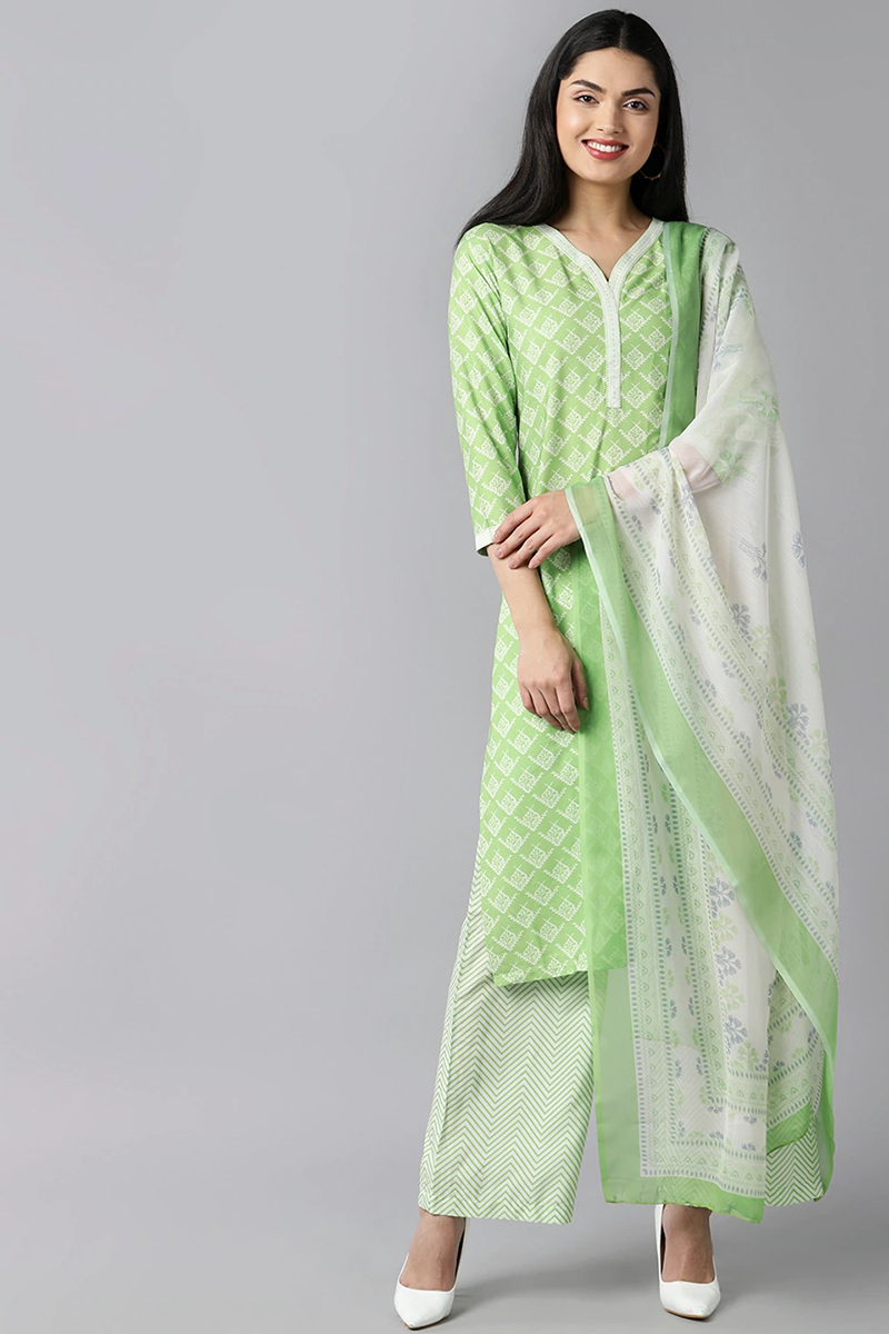 AHIKA Women Lime Green Ethnic Motifs Printed Kurta with Palazzos With Dupatta Set