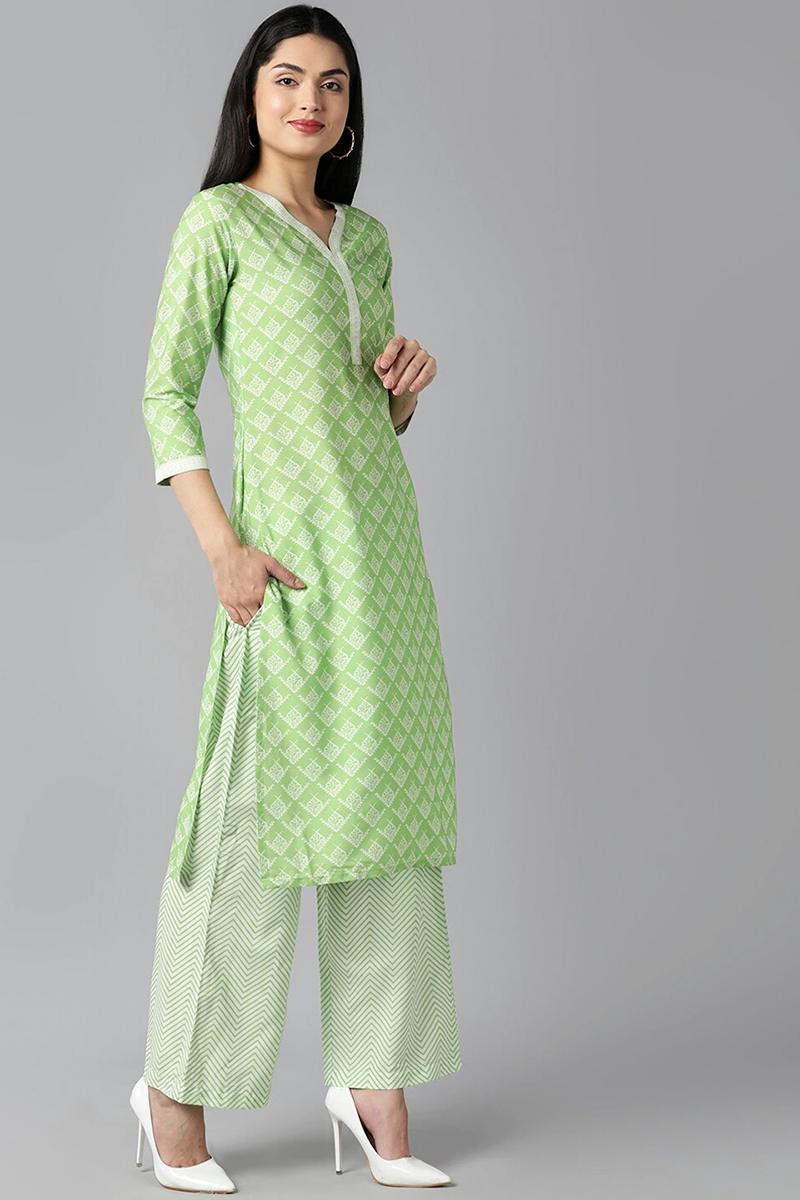 AHIKA Women Lime Green Ethnic Motifs Printed Kurta with Palazzos With Dupatta Set