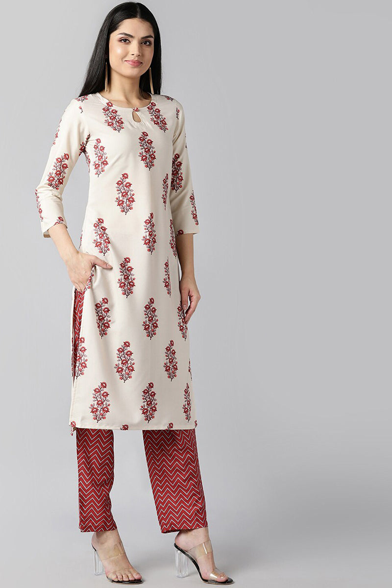 AHIKA Women Off White Floral Printed Regular Kurta with Trousers Dupatta Set 