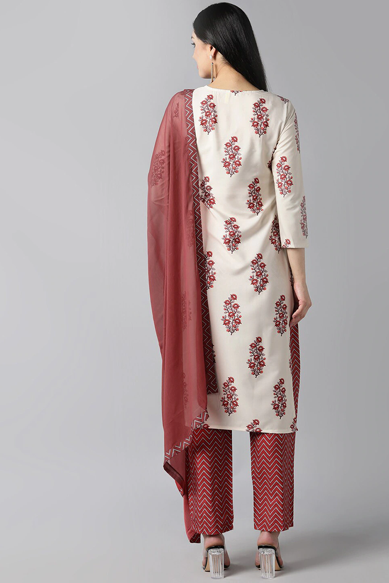 AHIKA Women Off White Floral Printed Regular Kurta with Trousers Dupatta Set 