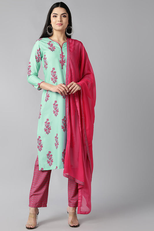 AHIKA Women Sea Green Floral Printed Regular Kurta with Trousers With Dupatta Set