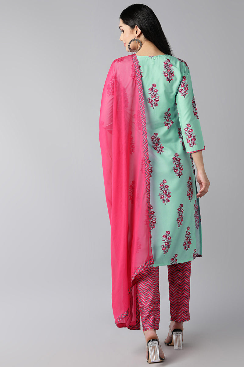AHIKA Women Sea Green Floral Printed Regular Kurta with Trousers With Dupatta Set