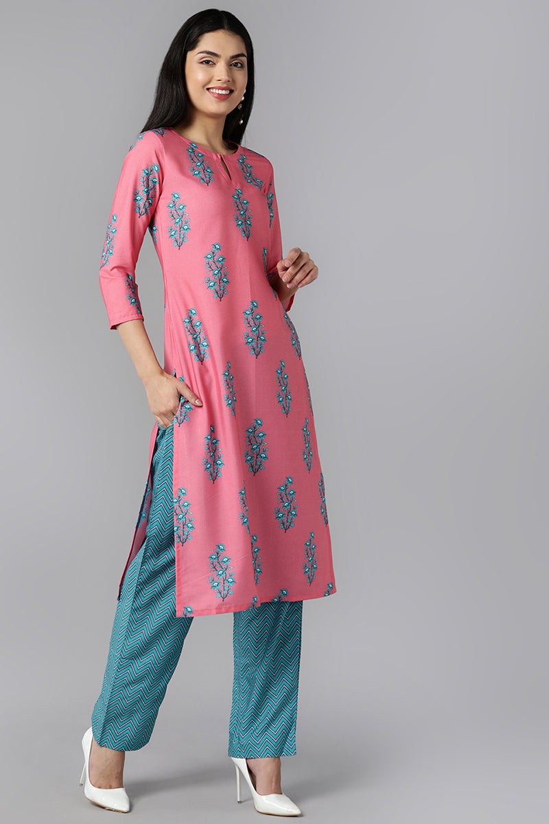 AHIKA Women Pink Blue Ethnic Motifs Printed Regular Kurta with Trousers With Dupatta Set