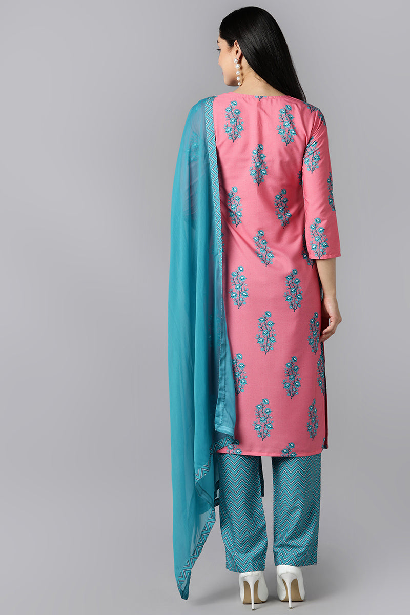 AHIKA Women Pink Blue Ethnic Motifs Printed Regular Kurta with Trousers With Dupatta Set
