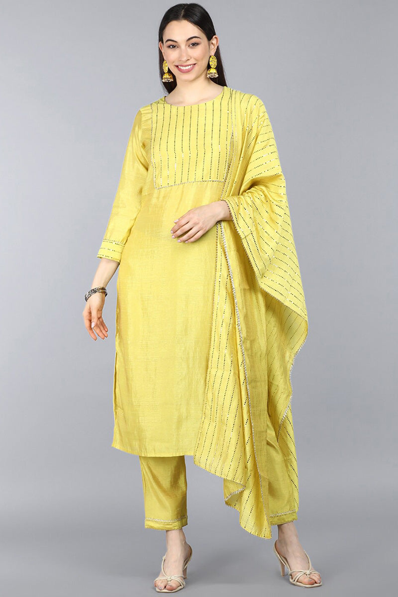 AHIKA Women Yellow Yoke Design Regular Kurta with Trousers Dupatta Set