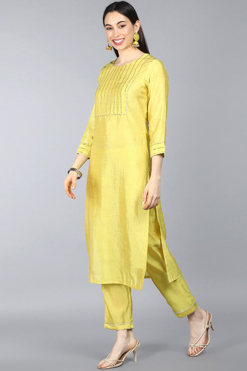 AHIKA Women Yellow Yoke Design Regular Kurta with Trousers Dupatta Set