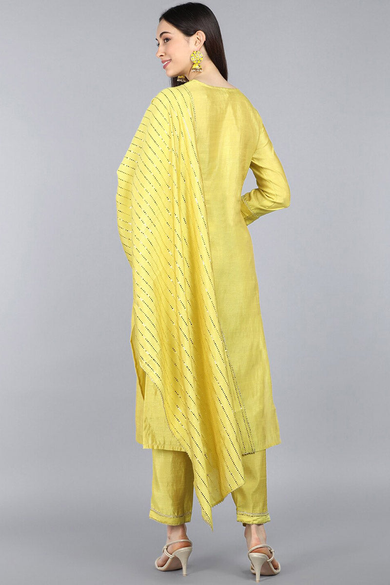 AHIKA Women Yellow Yoke Design Regular Kurta with Trousers Dupatta Set