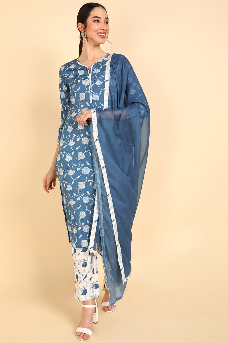AHIKA Women Blue Printed Kurti Trousers With Dupatta