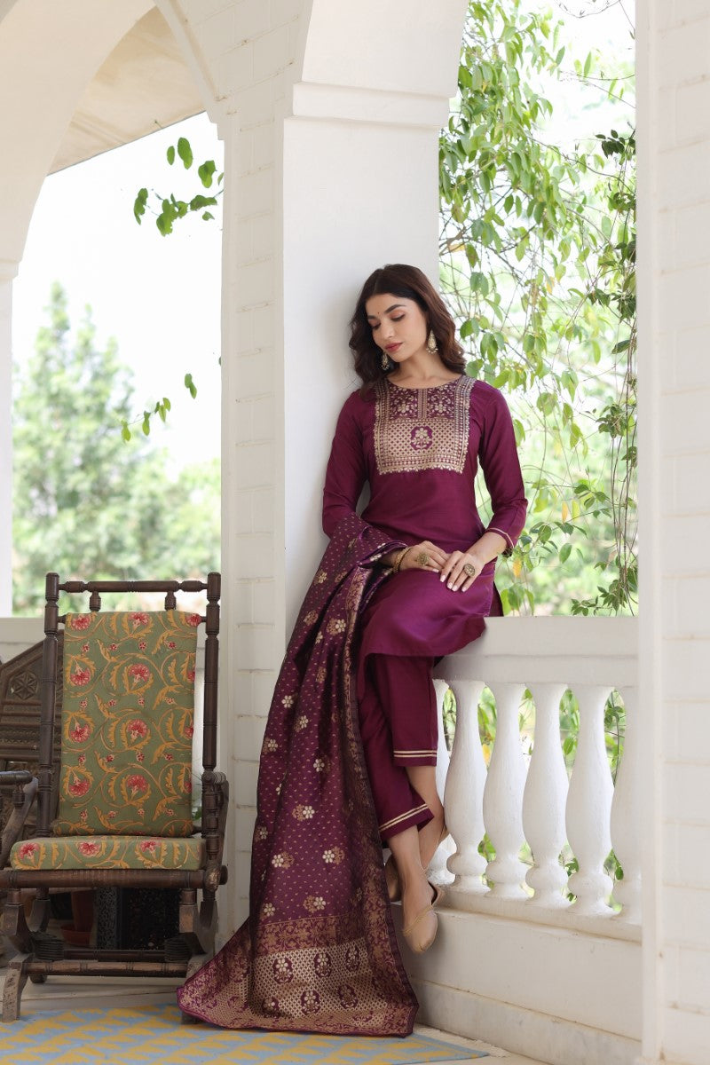 WineColoured Lace Inserted Notched Neck Straight Kurta with Trousers   Indduscom