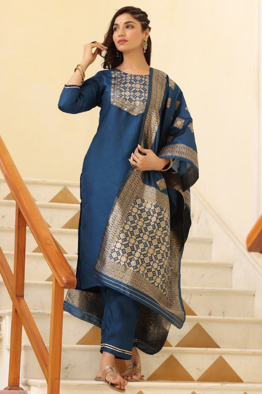 Blue Poly Silk Solid Straight Suit Set PKSKD1114