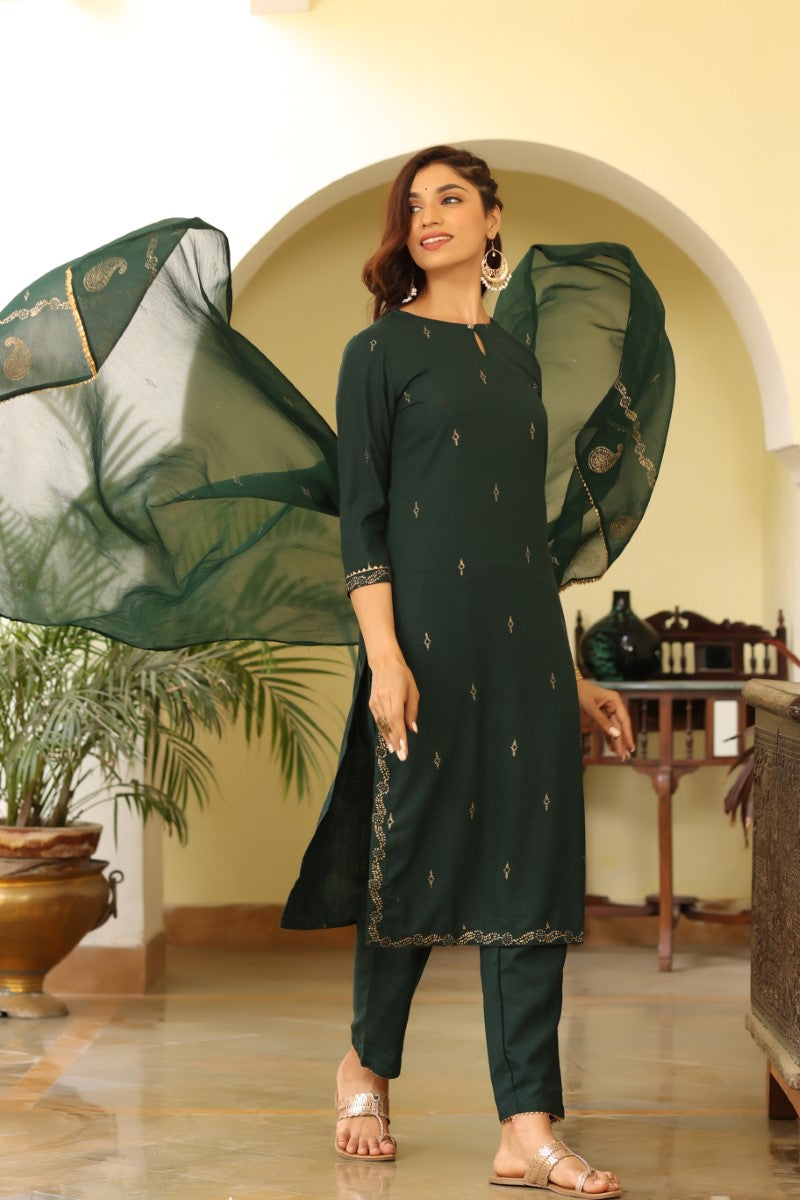 Green Poly Silk Straight Suit Set PKSKD1118