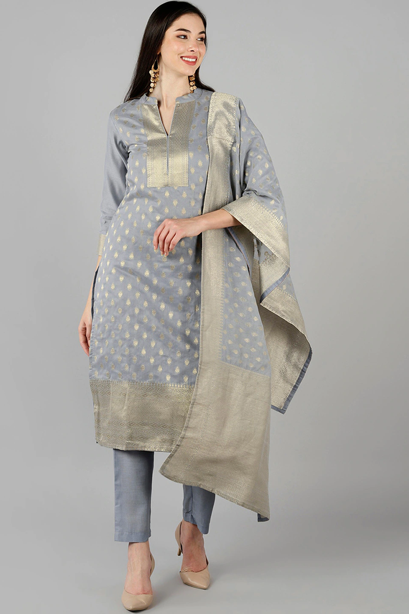 AHIKA Women Grey Kurta with Trousers With Dupatta