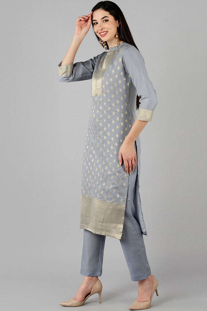 AHIKA Women Grey Kurta with Trousers With Dupatta