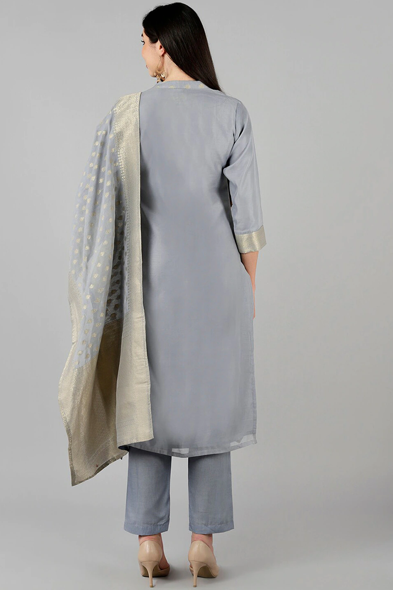 AHIKA Women Grey Kurta with Trousers With Dupatta