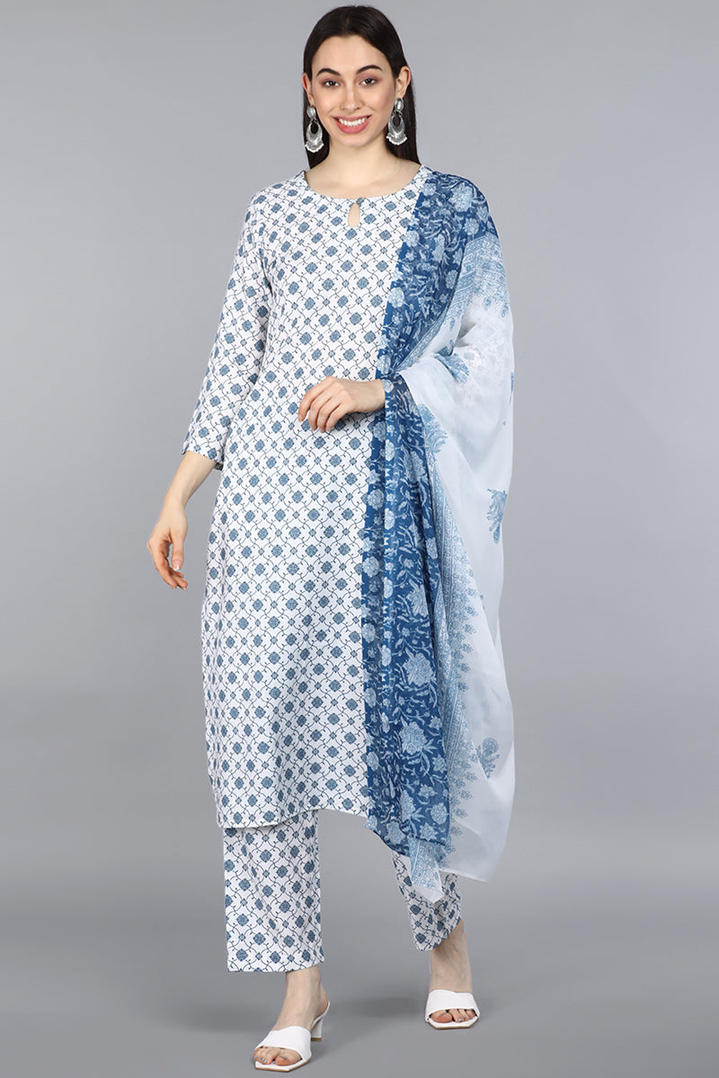 AHIKA Women White Ethnic Motifs Printed Kurta with Trousers With Dupatta